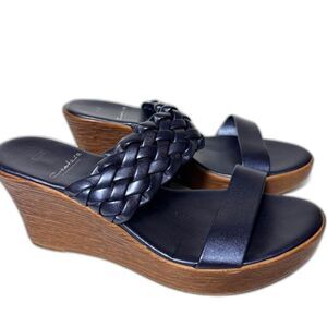Contesa Made in Italy Wedge Sandals Navy braided leather Comfort sz 8.5 Wide